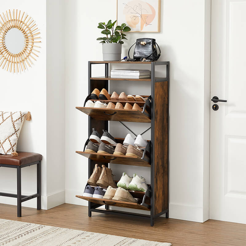 HOMCOM 3-Tier Acacia Wood Rustic Country Entryway Shoe Rack Bench with Boots Storage -Teak